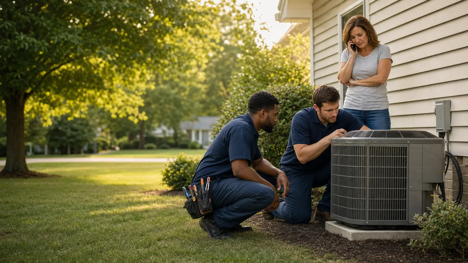 Unbranded HVAC technicians inspecting an outdoor condenser while a homeowner calls for help.