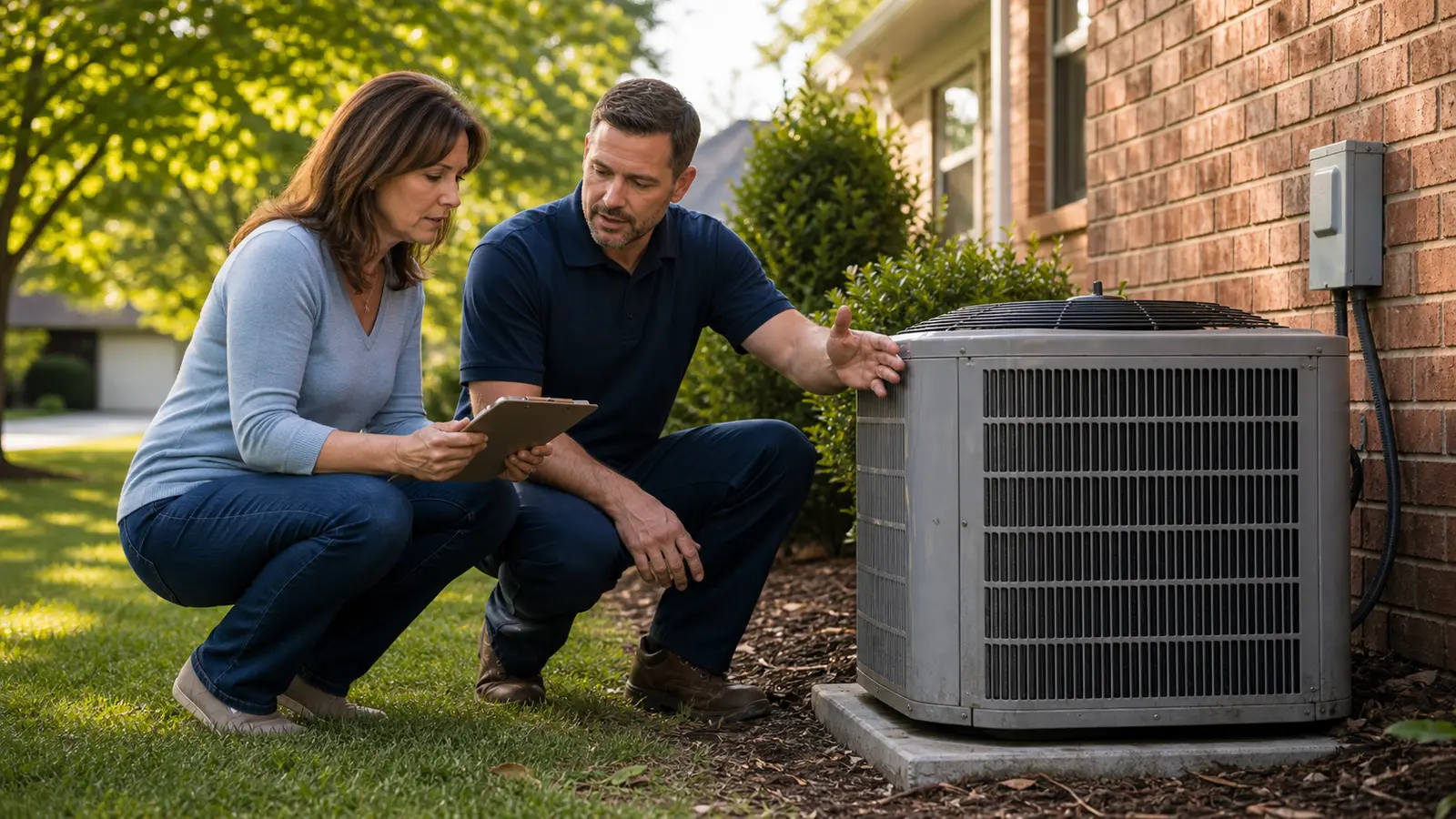 Unbranded HVAC technician discussing replacement options beside an older outdoor condenser.